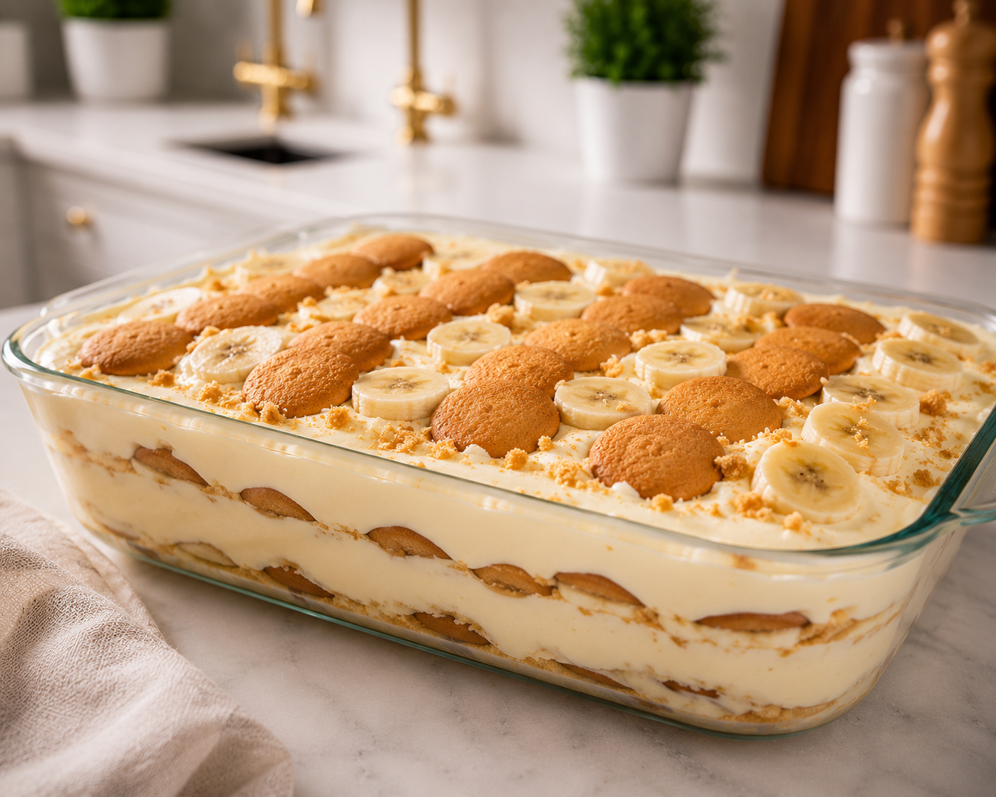 Layered banana pudding with vanilla wafers, sliced bananas, and creamy custard in a glass baking dish