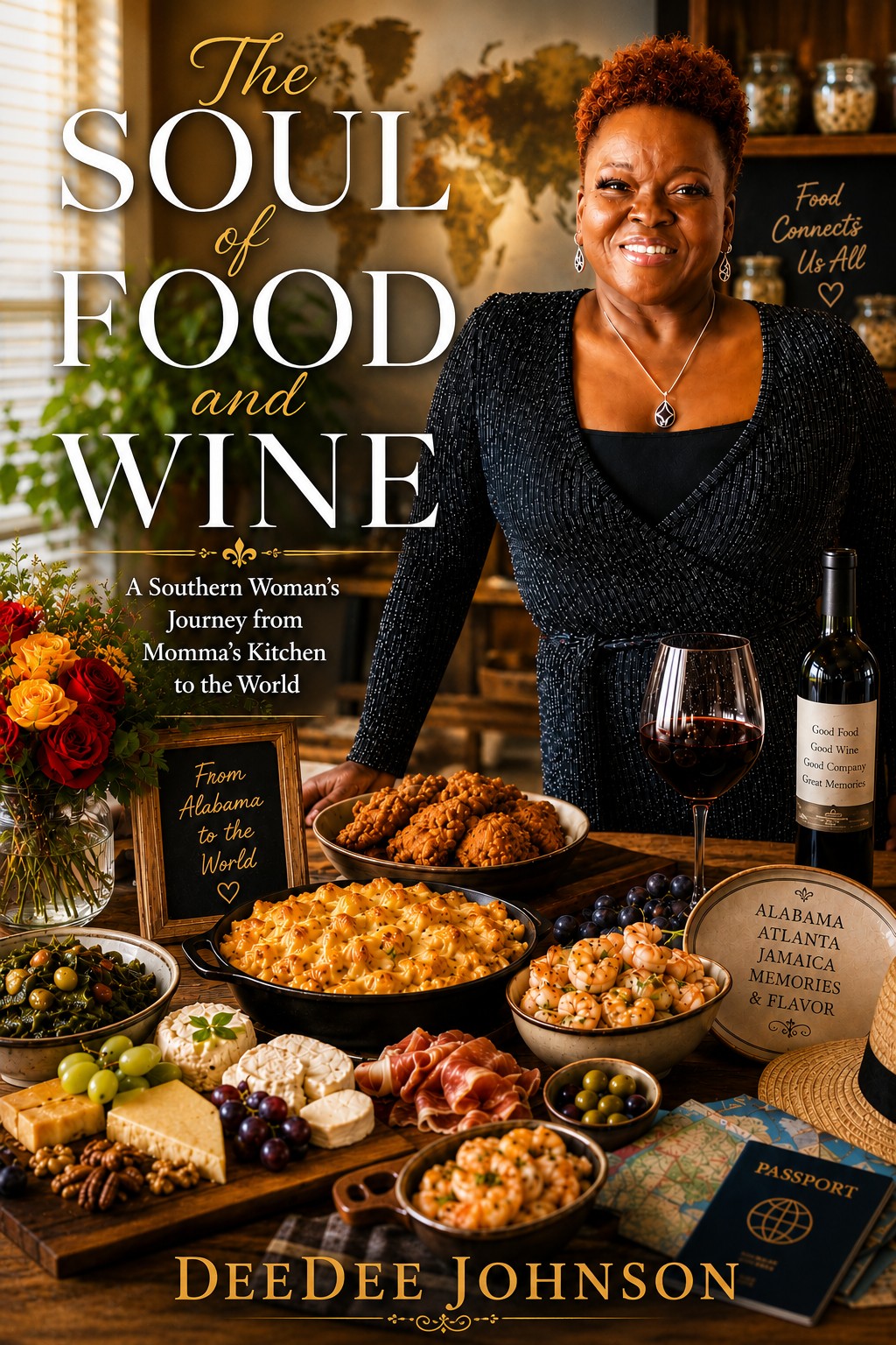 The Soul of Food and Wine book cover by DeeDee Johnson, featuring a Southern charcuterie spread, wine, and travel mementos