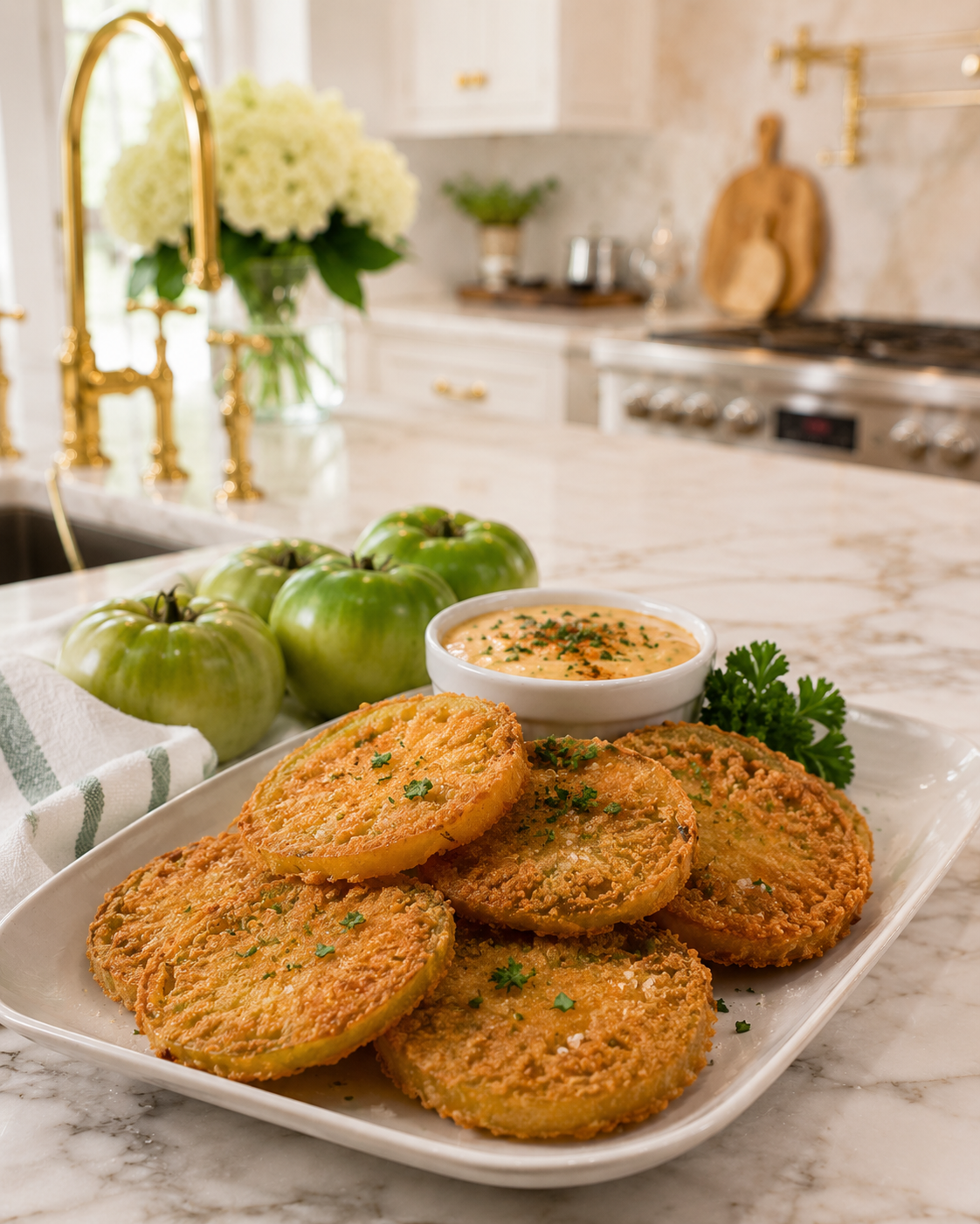 Crispy fried green tomatoes on a white platter with spicy remoulade dipping sauce and fresh parsley