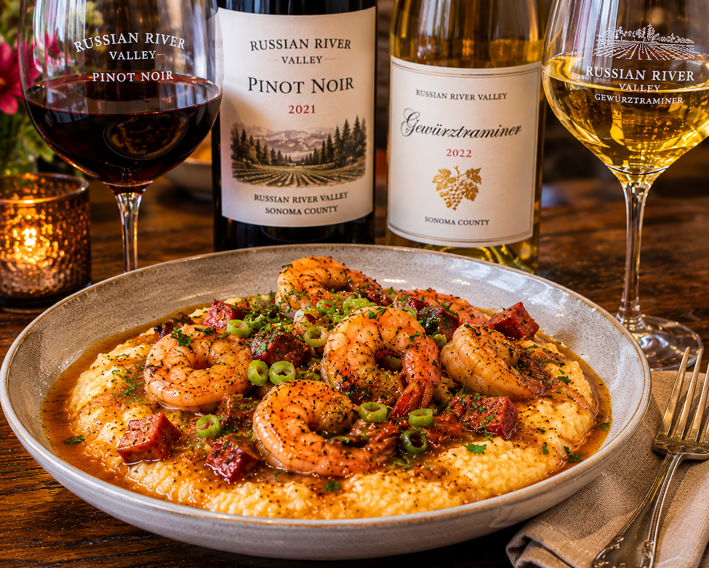 Shrimp and andouille sausage over creamy grits, paired with Russian River Valley Pinot Noir and Gewürztraminer