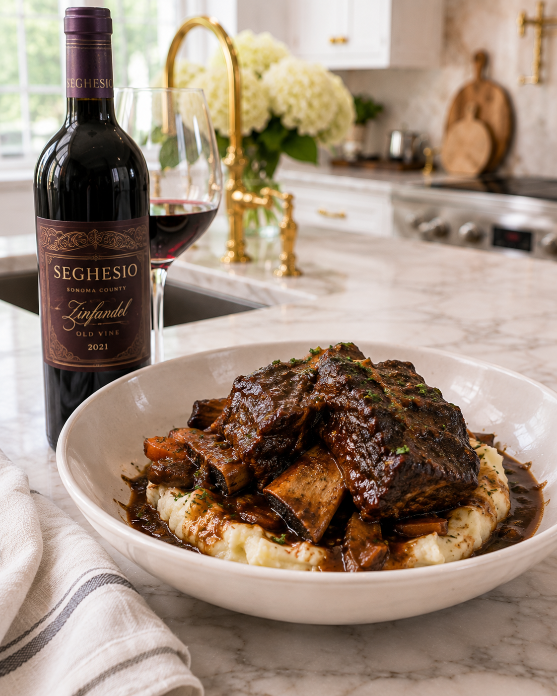 Red wine braised short ribs over creamy mashed potatoes, served with a glass of Seghesio Old Vine Zinfandel