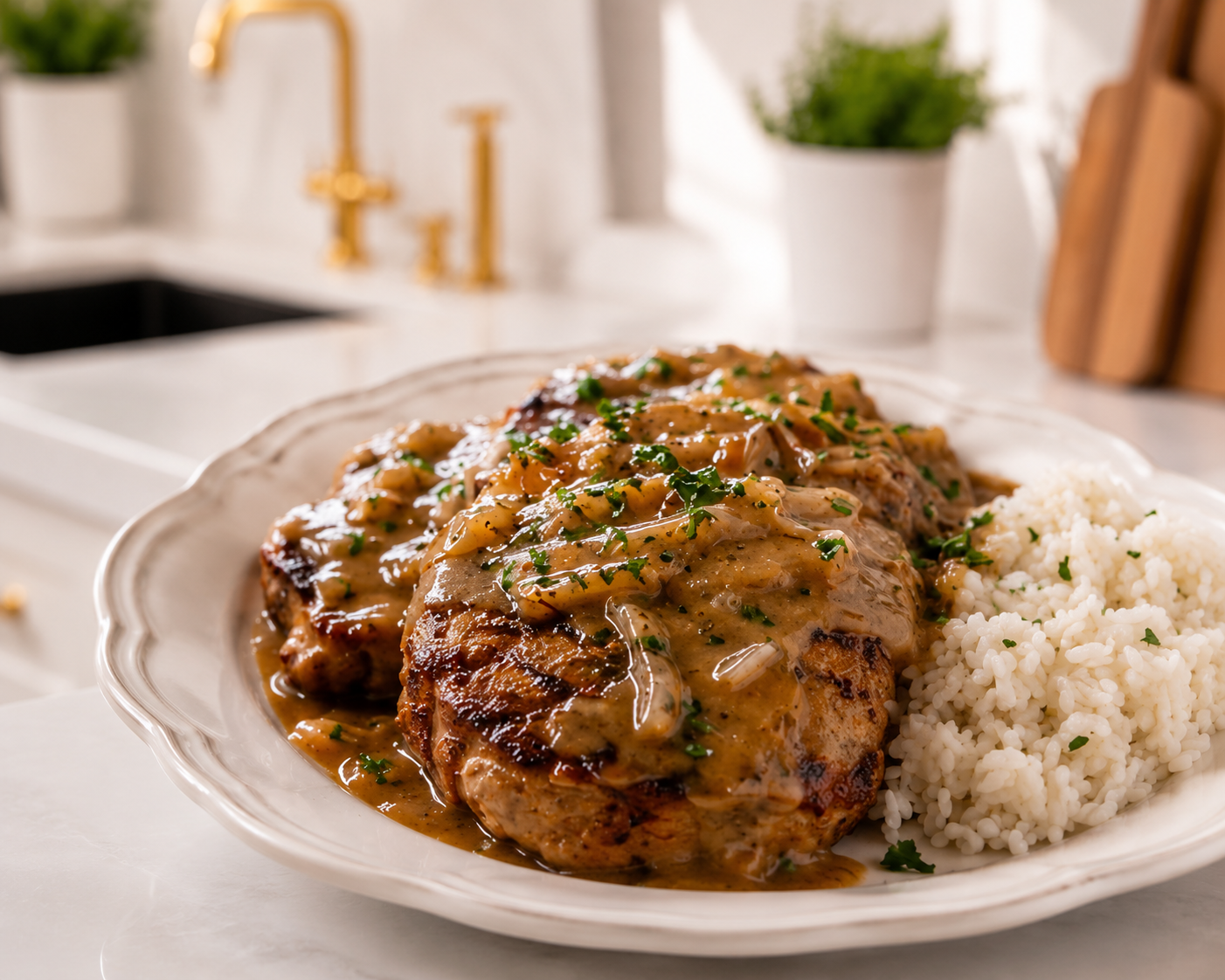 Smothered pork chops in savory brown gravy with caramelized onions and parsley, served with white rice