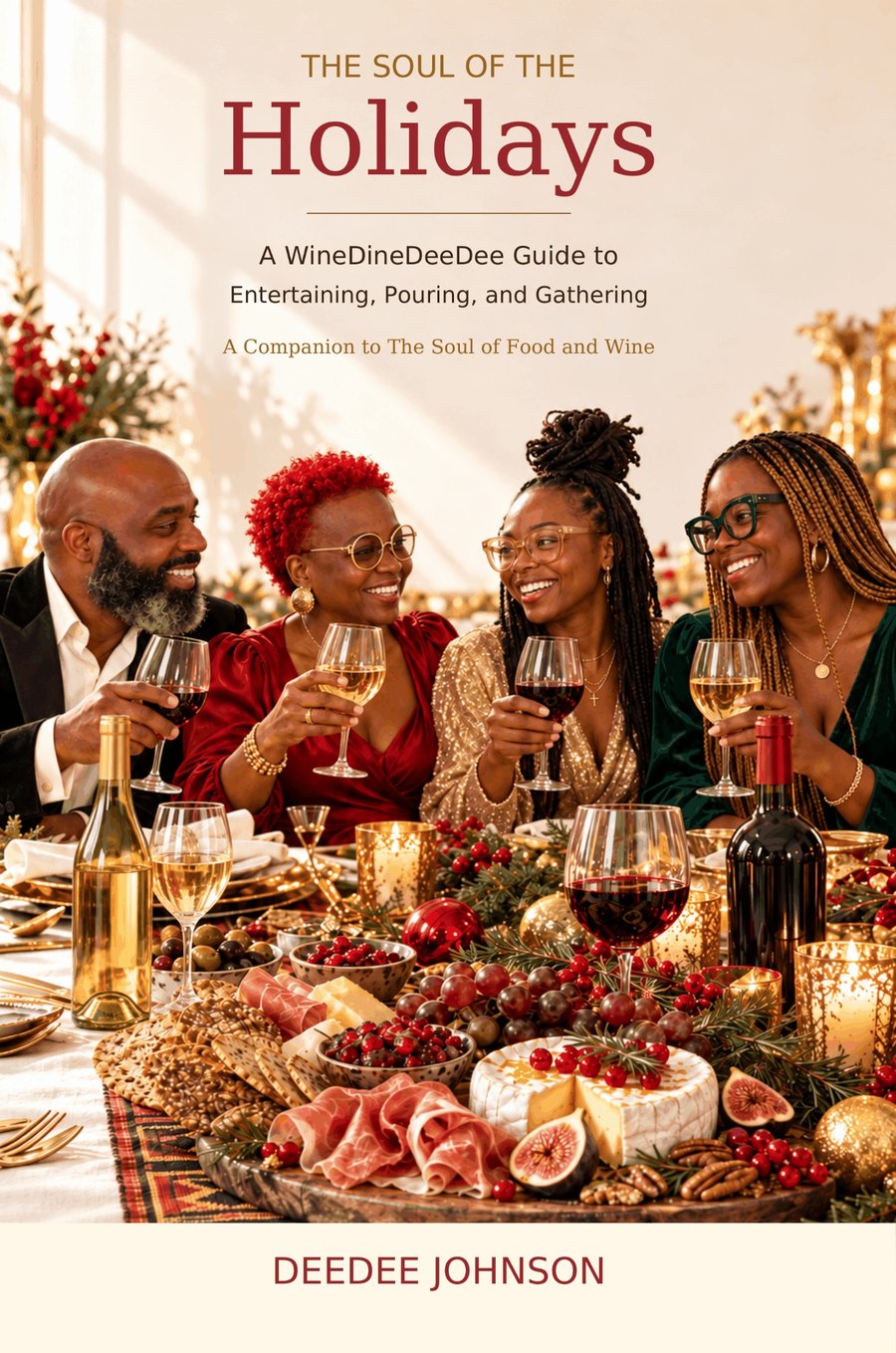 The Soul of the Holidays book cover by DeeDee Johnson, friends raising glasses of wine around a festive holiday table