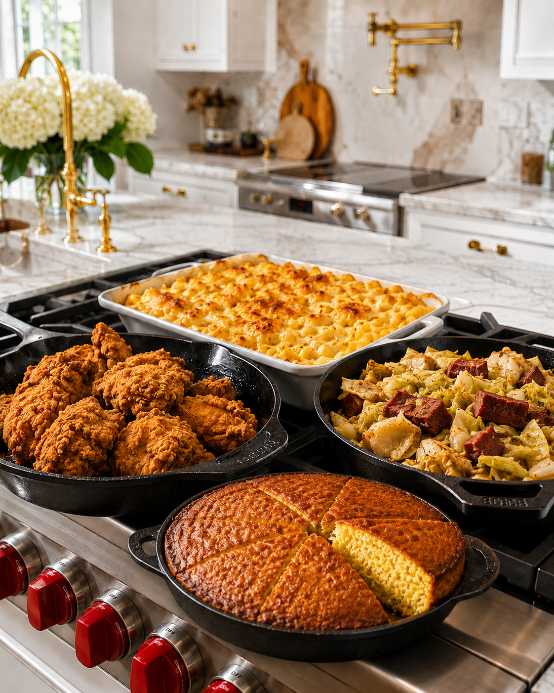 Southern spread of cast-iron fried chicken, baked mac and cheese, cabbage, and cornbread on a stovetop