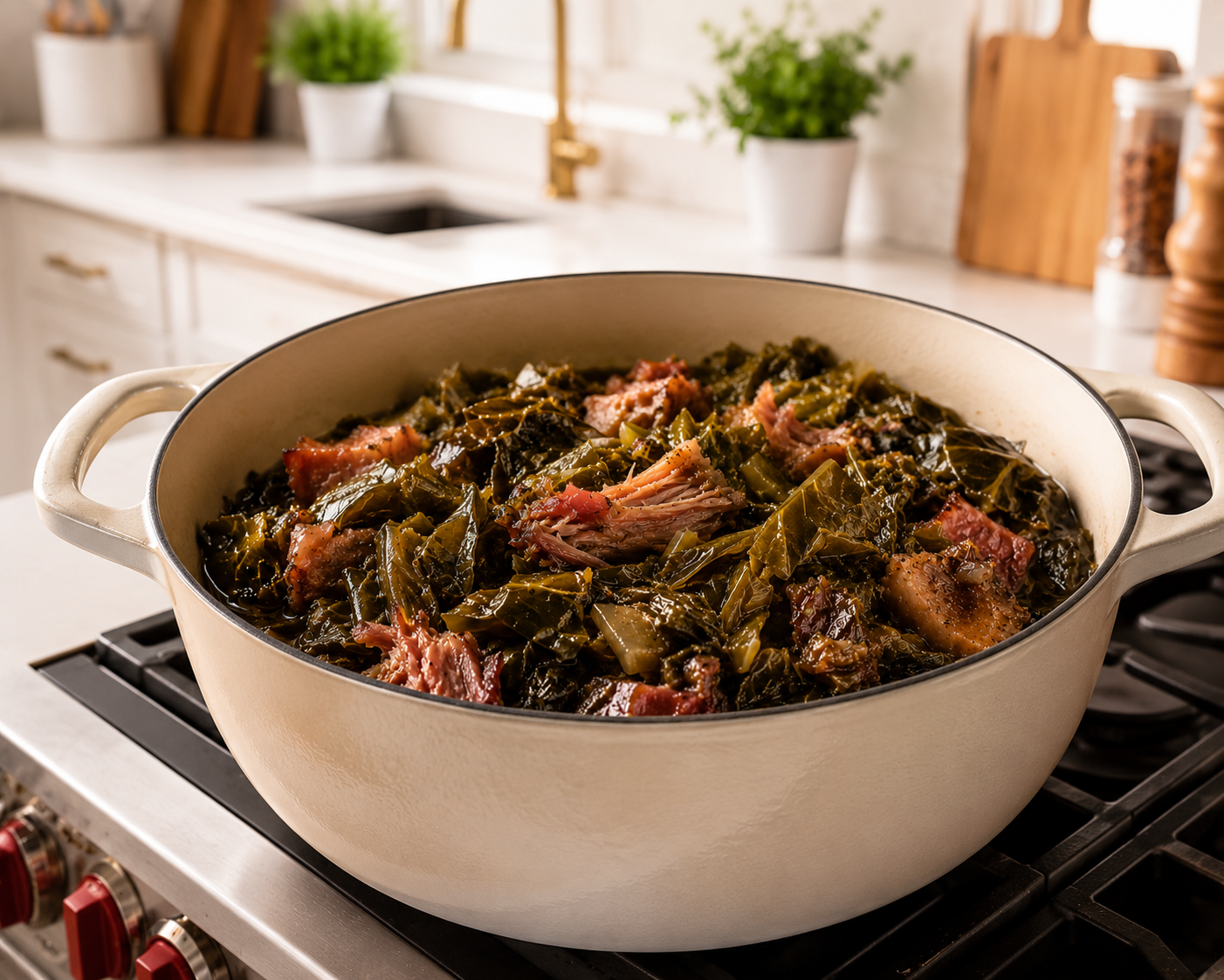 Slow-simmered collard greens with smoked meat in a cream Dutch oven on the stovetop