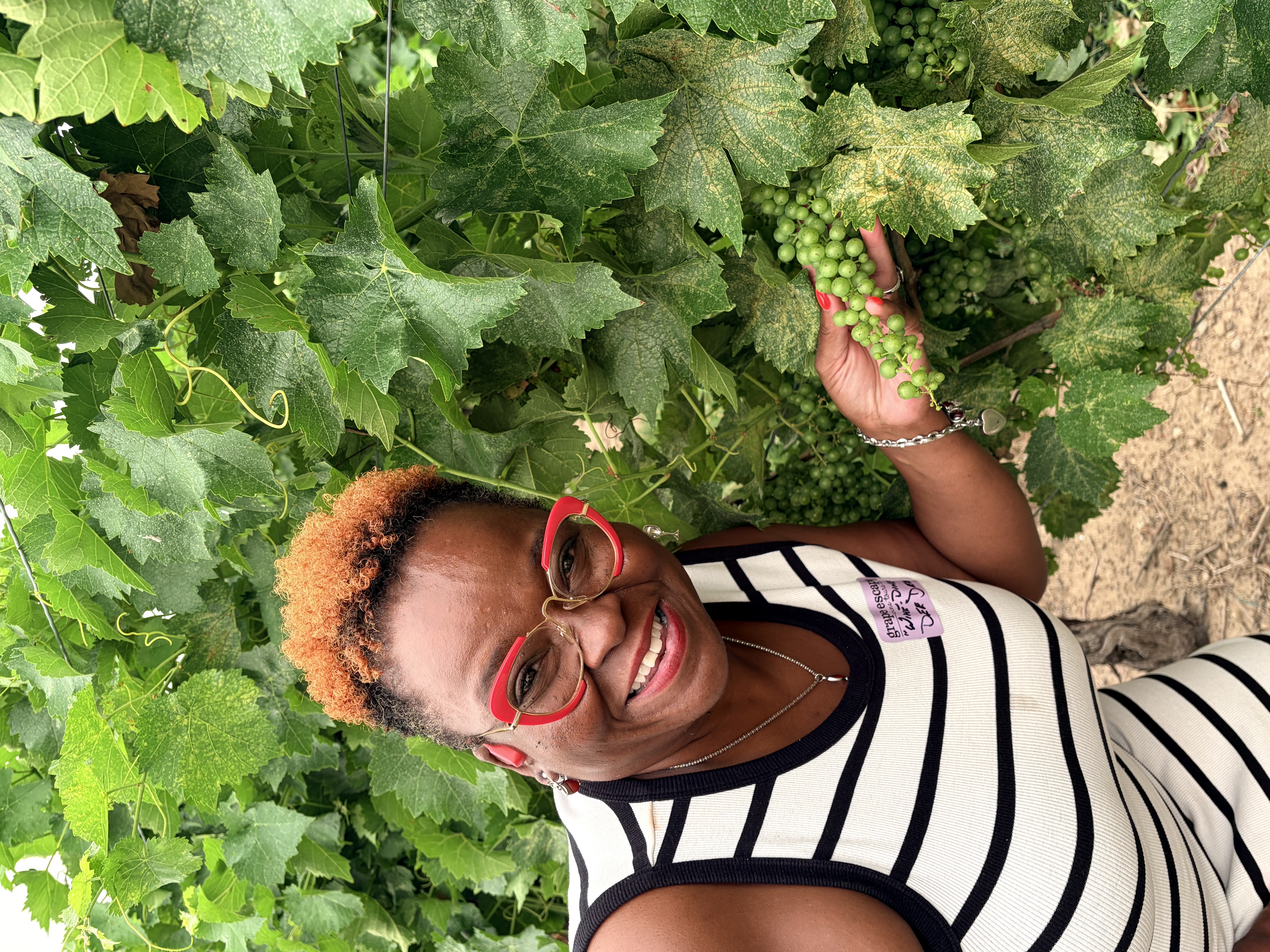 DeeDee smiling among the grapevines at a vineyard, picking a bunch of green grapes, wearing red glasses