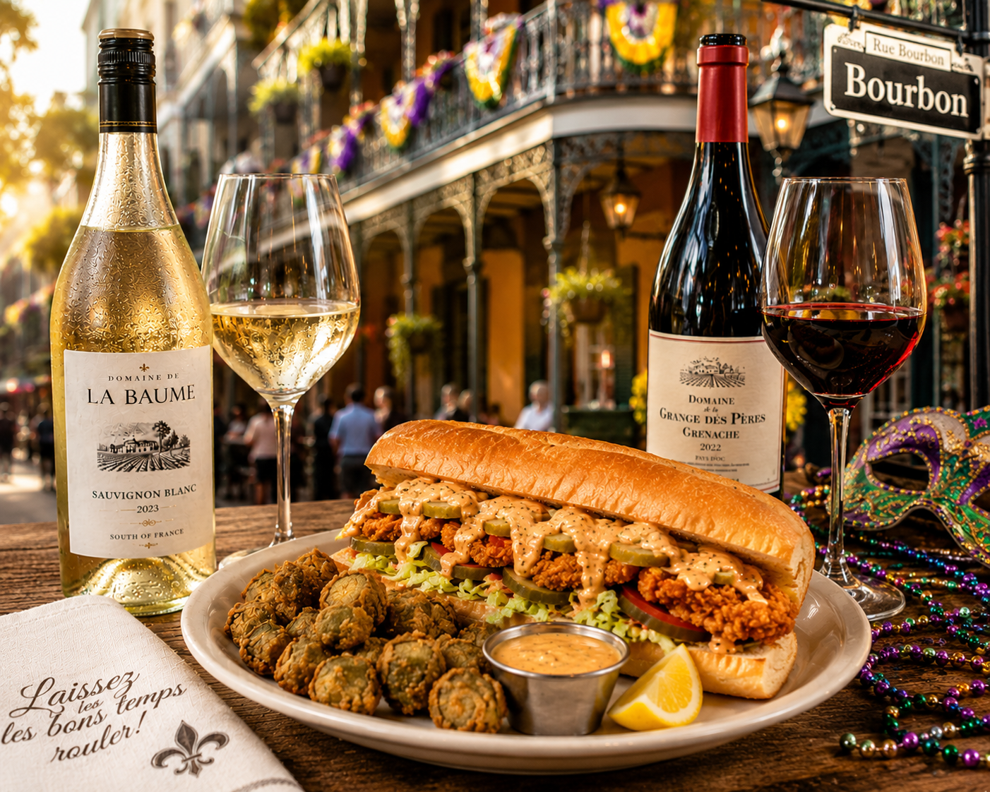 Fried chicken po'boy with fried okra, remoulade, and a glass each of white and red wine on a New Orleans balcony street